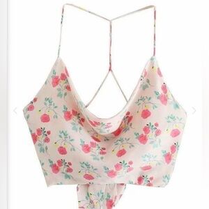 ZARA floral silky nwt open back tie crop cowl neck top small